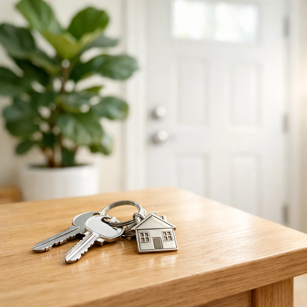 Two sets of house keys resting on a wooden table, symbolizing the transition to two new paths.